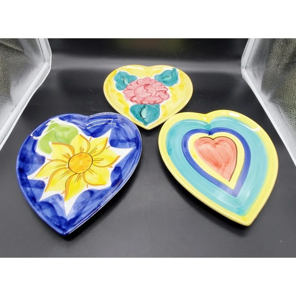 Set Of 3 Hand Painted Italian Pottery Heart Shaped Dish Flower Floral 10